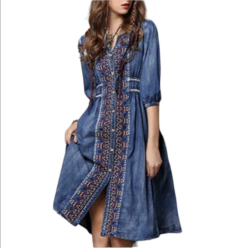 Keer Qiaowa Bohemian Cross Stitch Button Down Denim Knee Length Dress